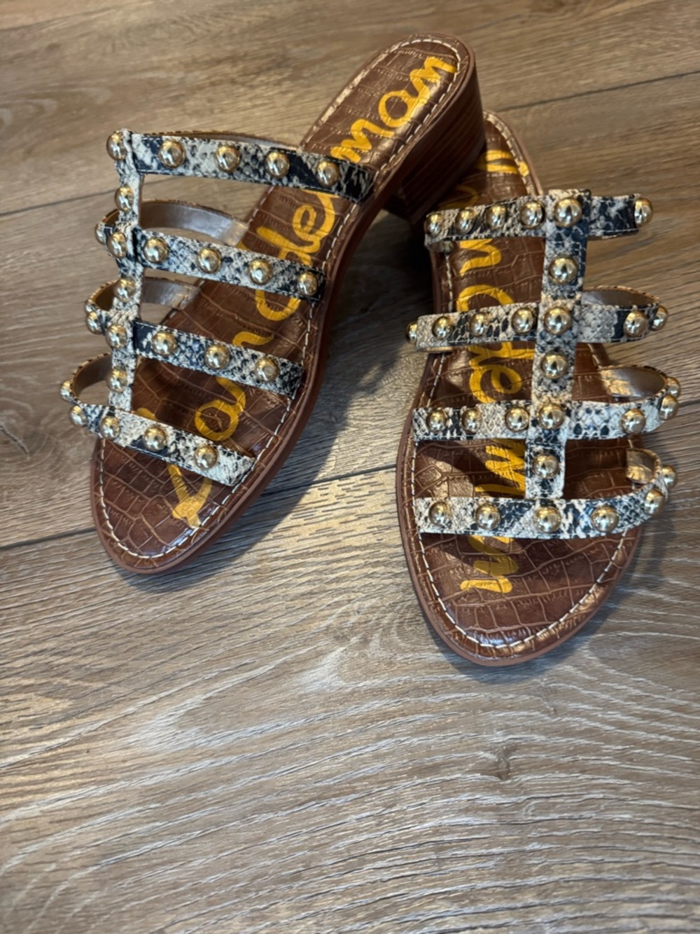 Sam Edelman Snake-Print Studded Slide Sandals in Brown and Black